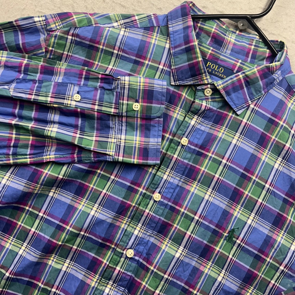 Polo Ralph Lauren Mens XXL Button Down Shirt Plaid Long Sleeve Blue Green 1853